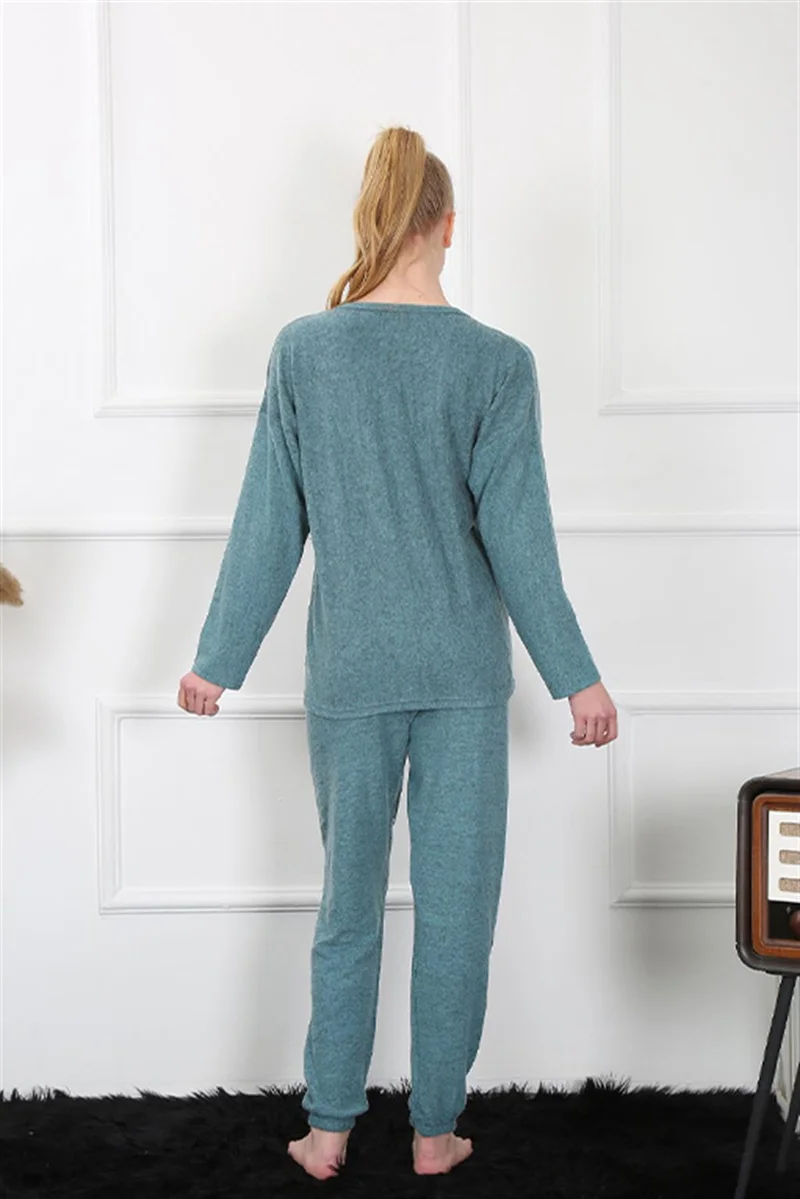اليش شيل بيزي Women's Thick Long Sleeve Combed Cotton Indigo Pajamas Set 4131