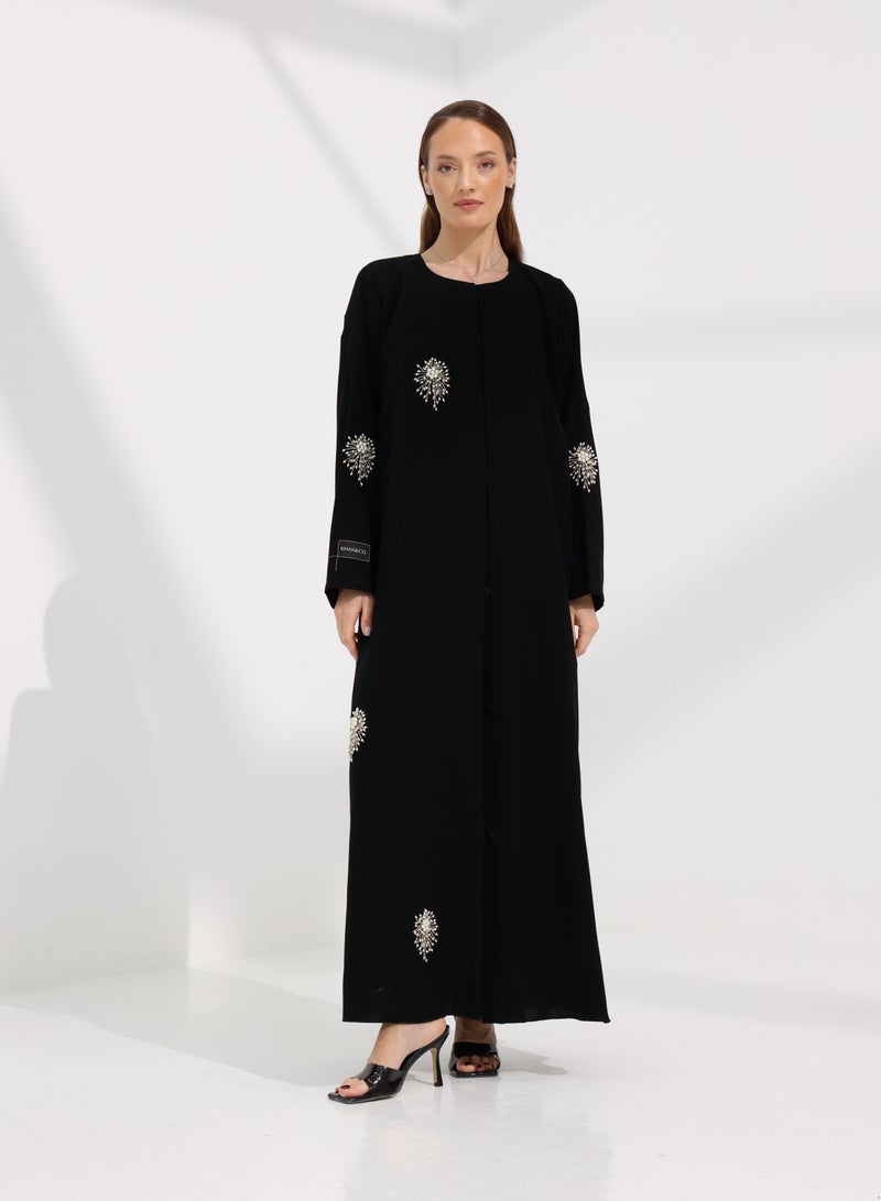 Khan&Co. Love Of Pearls Abaya in black chiffon embroidered with pearls - by Abdullah Khan - Image 1