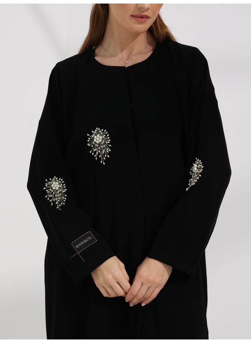 Khan&Co. Love Of Pearls Abaya in black chiffon embroidered with pearls - by Abdullah Khan - Image 4
