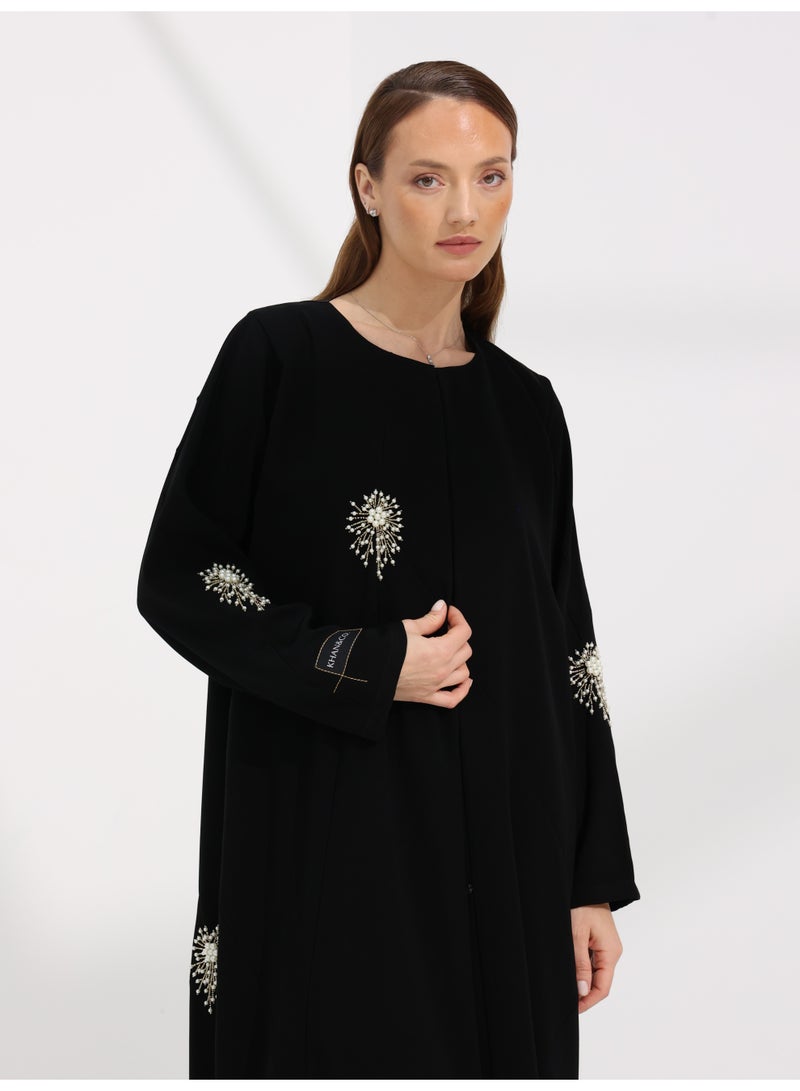 Khan&Co. Love Of Pearls Abaya in black chiffon embroidered with pearls - by Abdullah Khan - Image 3