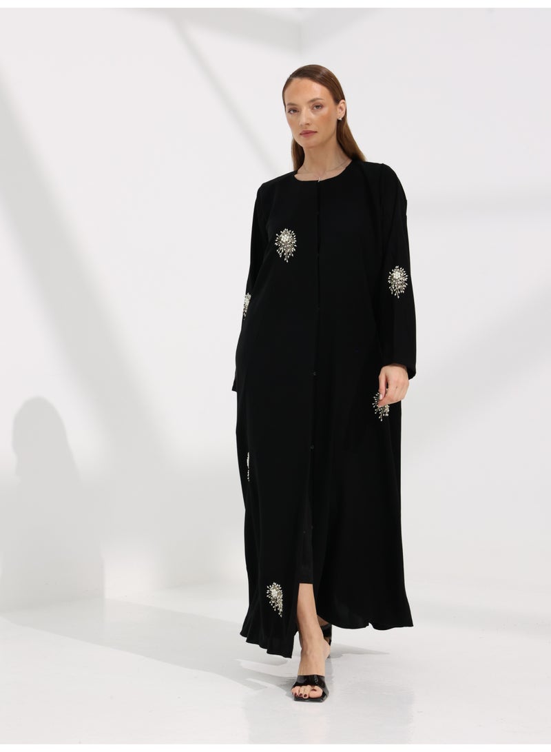 Khan&Co. Love Of Pearls Abaya in black chiffon embroidered with pearls - by Abdullah Khan - Image 2