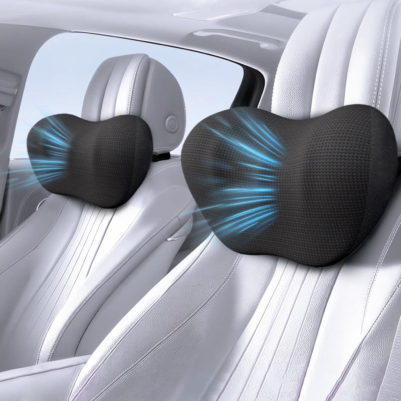 SPRFUFLY 2 Pack Car Headrest Pillow, Comfy Head Rest Pillow for Car, 100% Memory Foam Car Neck Pillow for Driving - Universal Fit Travel Car Pillow for Pain Relief While Driving(Comes with 2 Eye Masks) - Image 1