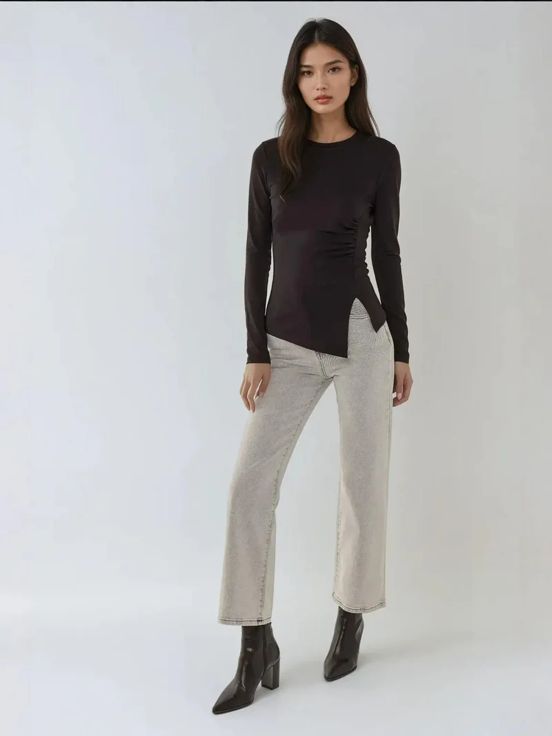 HICCUP Asymmetric Long Sleeve Crew Neck Top