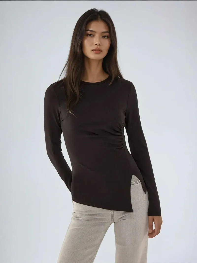 HICCUP Asymmetric Long Sleeve Crew Neck Top