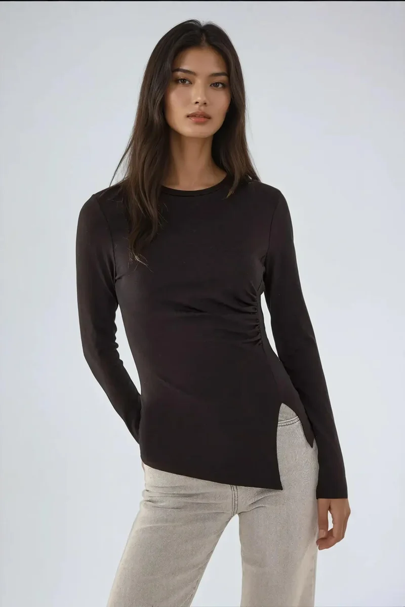 Hiccup Asymmetric Long Sleeve Crew Neck Top