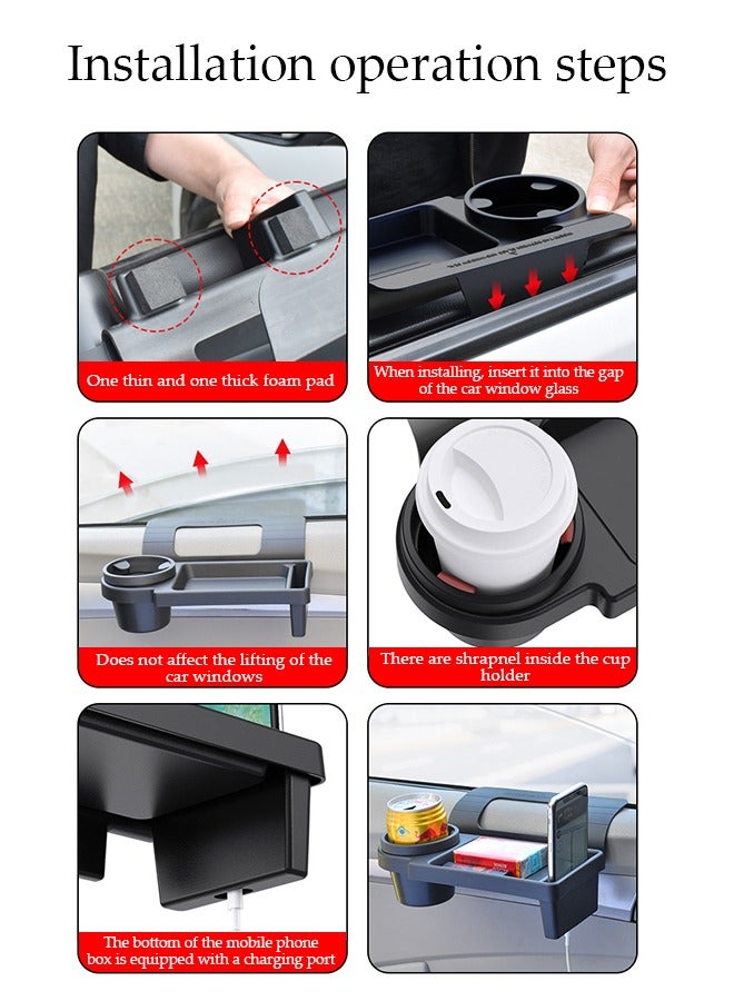 Car Window Storage Tray, Multifunctional Car Storage Box With Cup Holder, Portable Car Cup Holder, Door Side Hanging Storage Rack,Durable And Sturdy, Not Easily Deformed，Used For Storing Mobile Phones, Keys, Cups, Earphone，Black