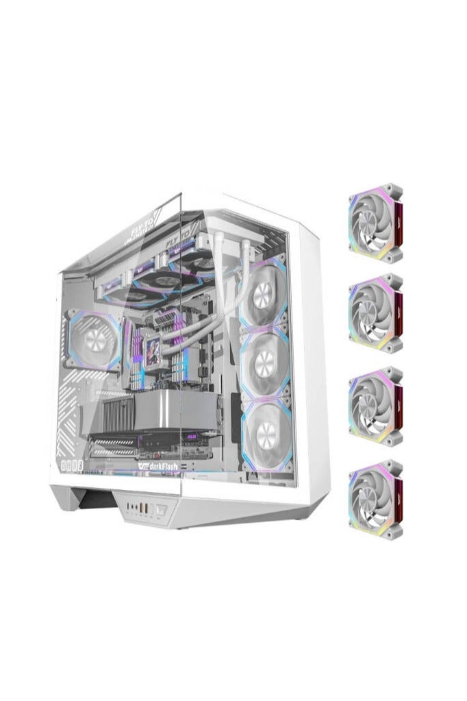 DarkFlash DY470 ATX Computer Case, 4x Pre-Installed aRGB Fans, 360mm Radiators, Up to 10x 120mm Fan Support, Cable Management Panel, 330° Immersive Panoramic View, 3 Glass Panels, Ice White - Image 1