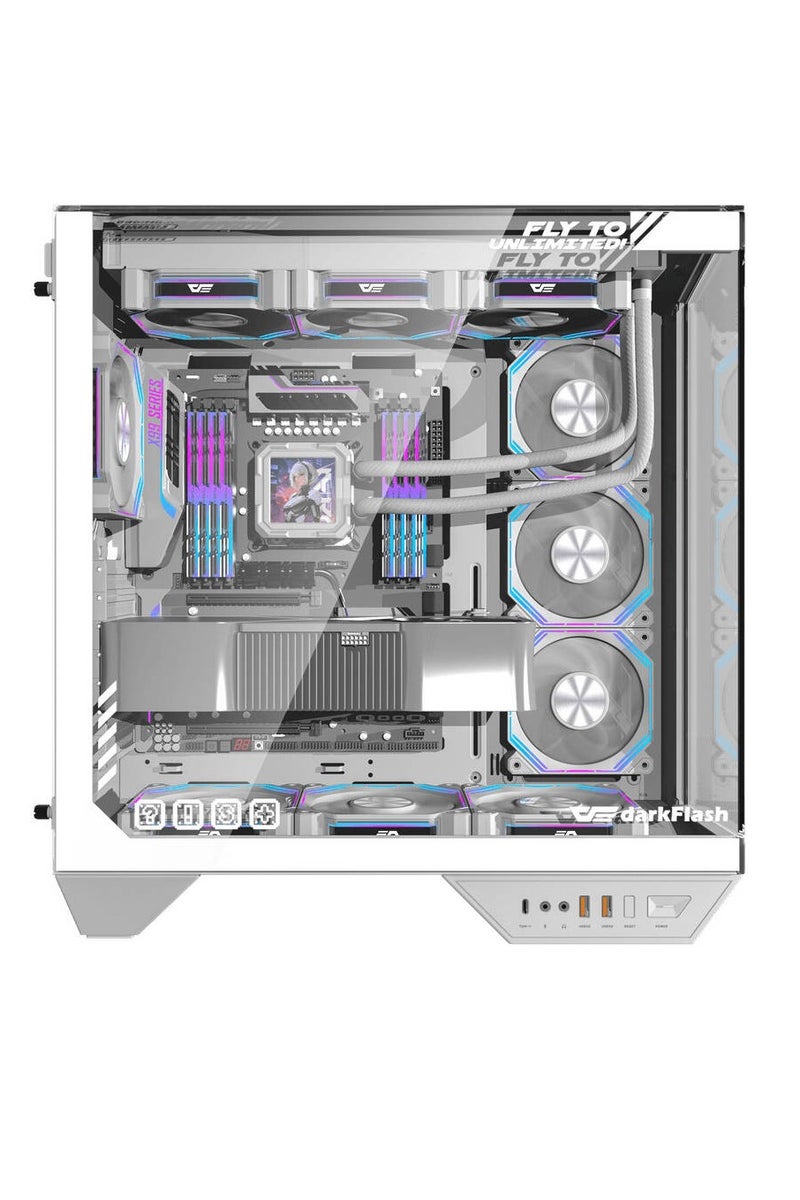 DarkFlash DY470 ATX Computer Case, 4x Pre-Installed aRGB Fans, 360mm Radiators, Up to 10x 120mm Fan Support, Cable Management Panel, 330° Immersive Panoramic View, 3 Glass Panels, Ice White - Image 3