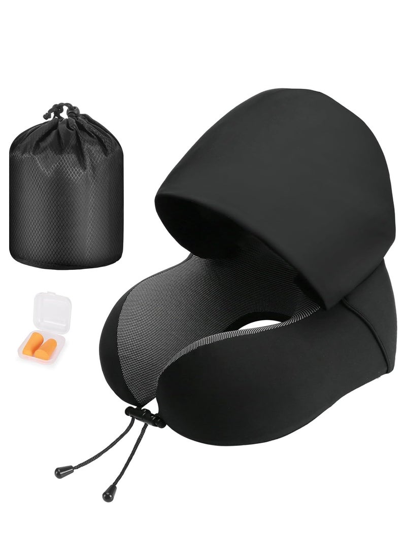 SYOSI Neck Pillow for Travel, Memory Foam Travel with Hood, Adult Airplane Head Rest Support, Portable Office Cars Trains Long Flights Sleeping (Black)  - Image 1