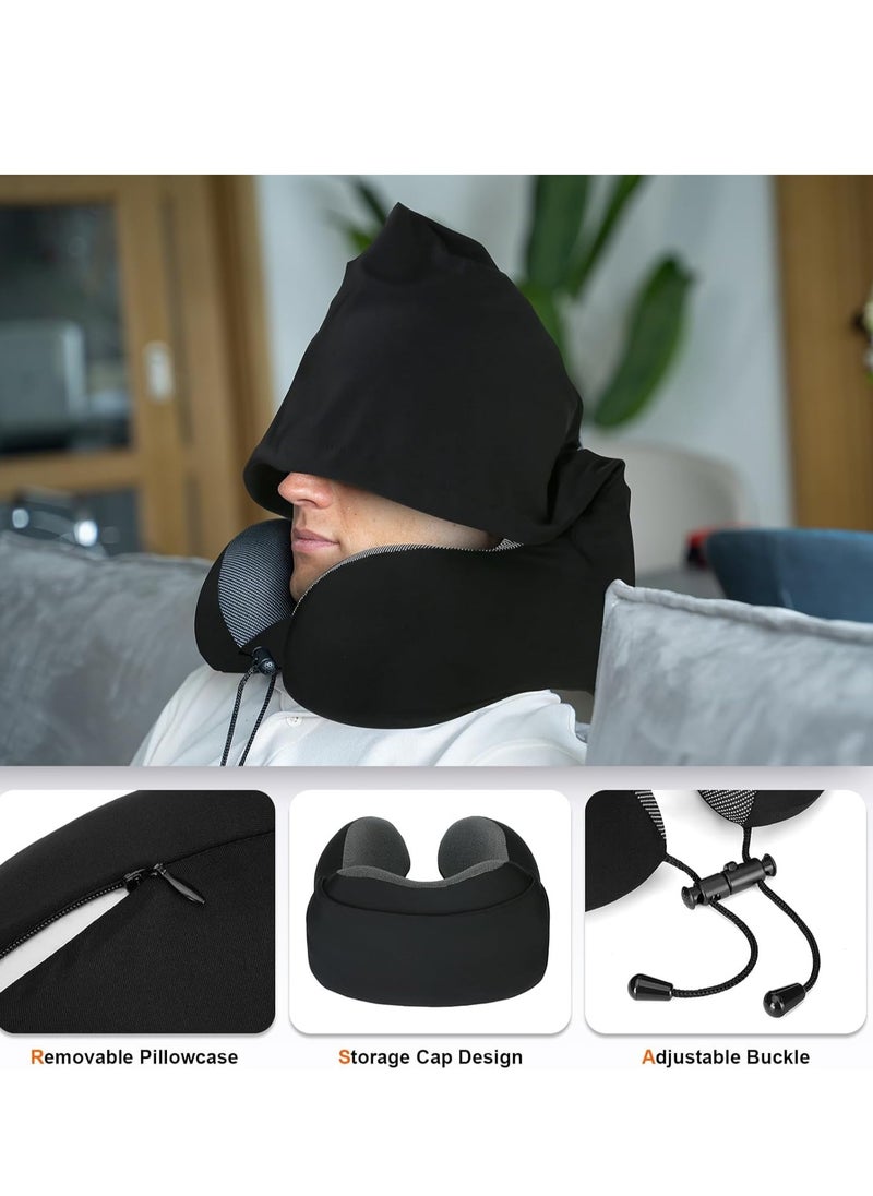 SYOSI Neck Pillow for Travel, Memory Foam Travel with Hood, Adult Airplane Head Rest Support, Portable Office Cars Trains Long Flights Sleeping (Black)  - Image 2