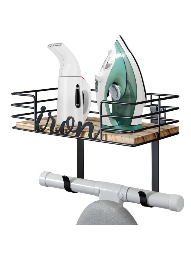 TJMOREE Hanger wall mount Laundry Room Iron and ironing board Holder Metal with Large Storage Wooden Base Basket and Removable Hooks Black - Image 1