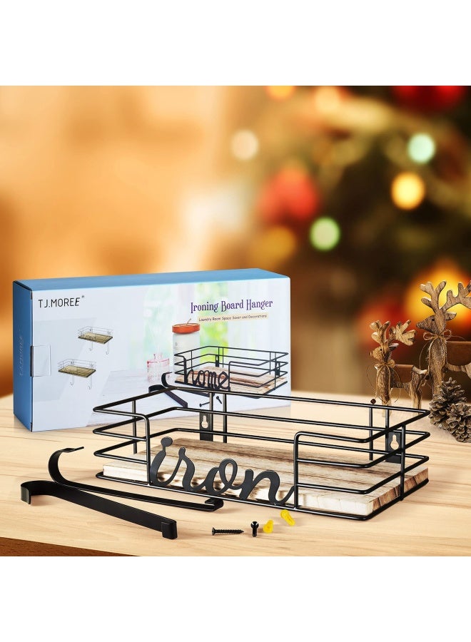 TJMOREE Hanger wall mount Laundry Room Iron and ironing board Holder Metal with Large Storage Wooden Base Basket and Removable Hooks Black - Image 2