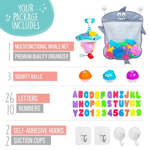 Comfylife Baby Bath Toy Organizer - Bath Toy Storage for Shower - Bathtub Toy Organizer Includes Foam Bath Toys (Numbers & Letters & Squirty Toys) + Extra Net That Doubles as a Toy - Image 5