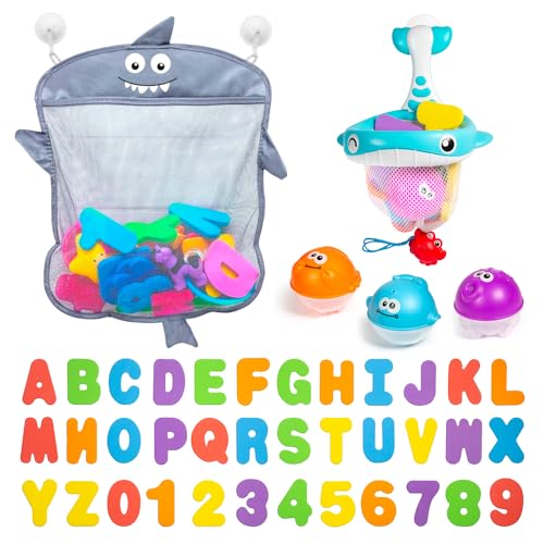 Comfylife Baby Bath Toy Organizer - Bath Toy Storage for Shower - Bathtub Toy Organizer Includes Foam Bath Toys (Numbers & Letters & Squirty Toys) + Extra Net That Doubles as a Toy - Image 1