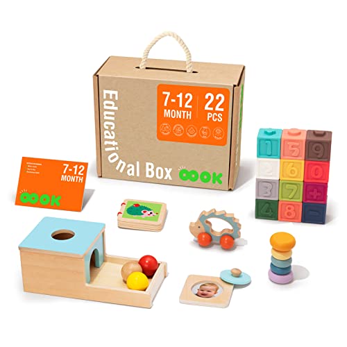 TOOKYLAND Montessori Toys for Babies 612 Months 7 in 1 Learning Educational Set Wooden Toys Includes Baby Rattle Object Permanence Box Wooden Book Teething Toy and More - Image 1