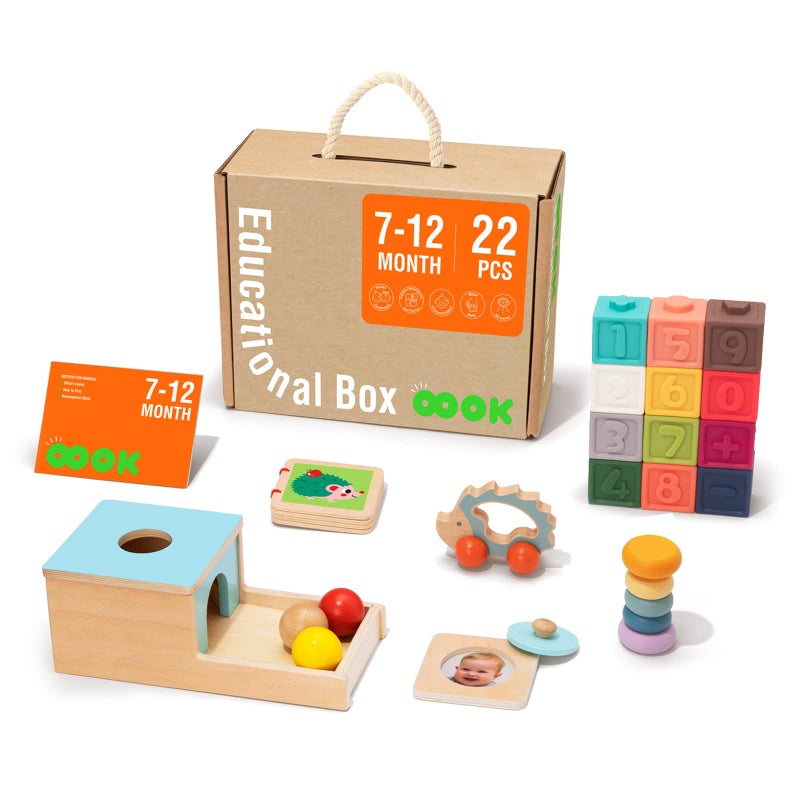 TOOKYLAND Montessori Toys for Babies 612 Months 7 in 1 Learning Educational Set Wooden Toys Includes Baby Rattle Object Permanence Box Wooden Book Teething Toy and More - Image 2