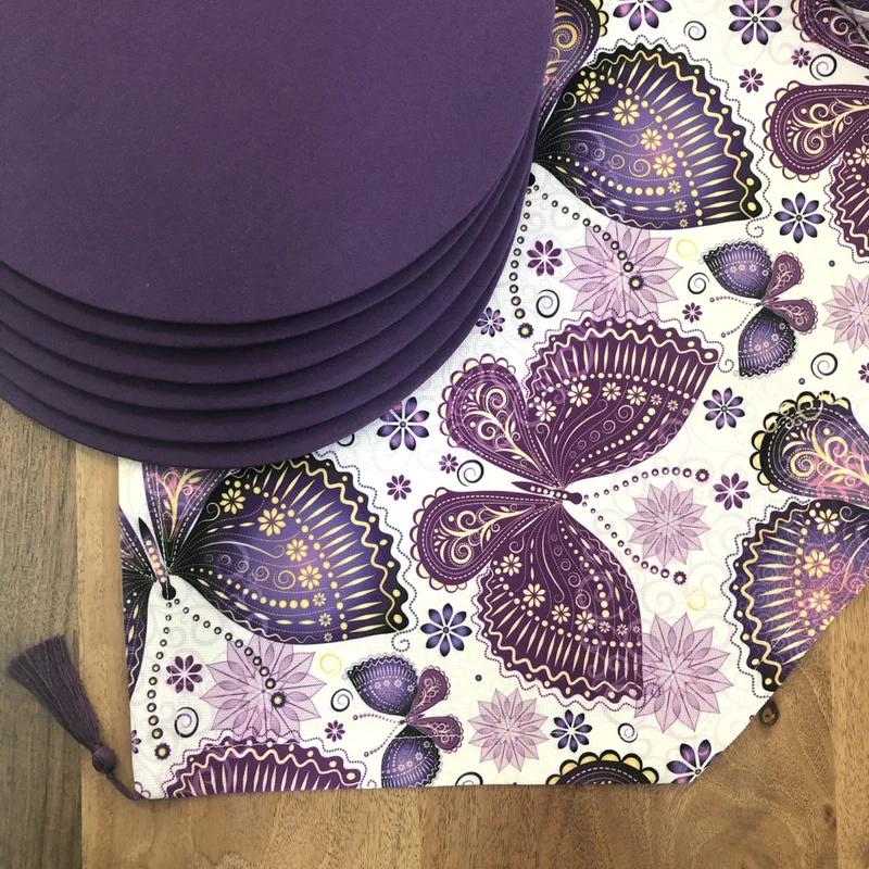 ديسينازمير PatternIzmir Placemat Purple Butterfly Pattern Set 6 Charger Plates and Runner Cover