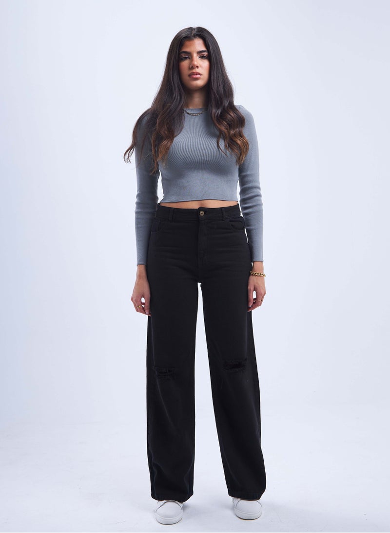 CIZARO High-Waist Black Distressed Straight Wide Leg Jeans. - Image 1
