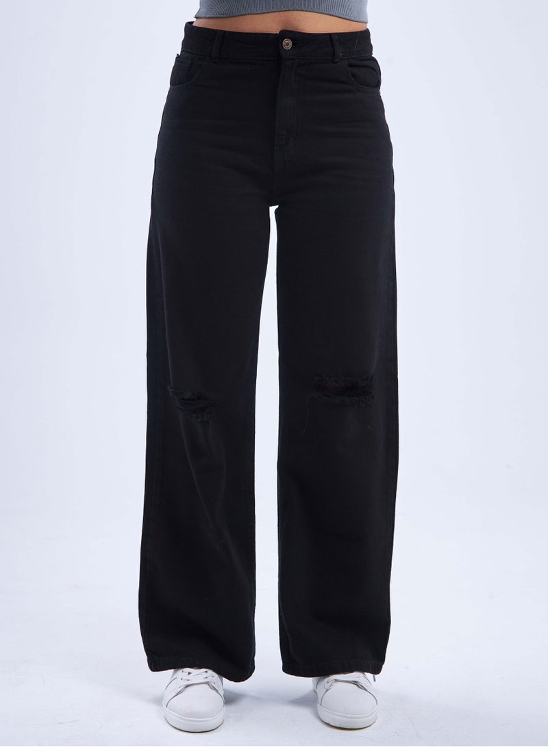 CIZARO High-Waist Black Distressed Straight Wide Leg Jeans. - Image 2