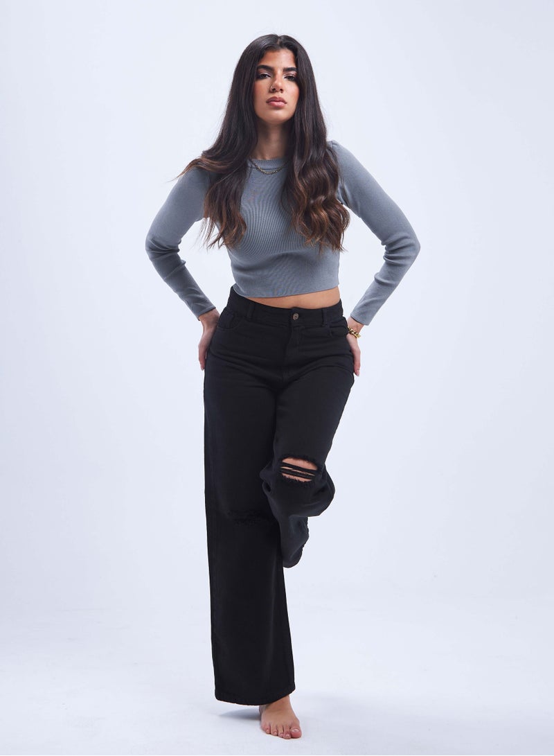 CIZARO High-Waist Black Distressed Straight Wide Leg Jeans. - Image 3