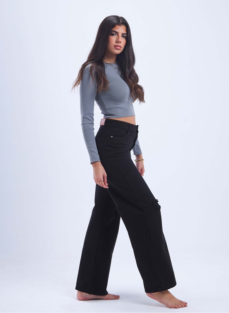 CIZARO High-Waist Black Distressed Straight Wide Leg Jeans. - Image 4