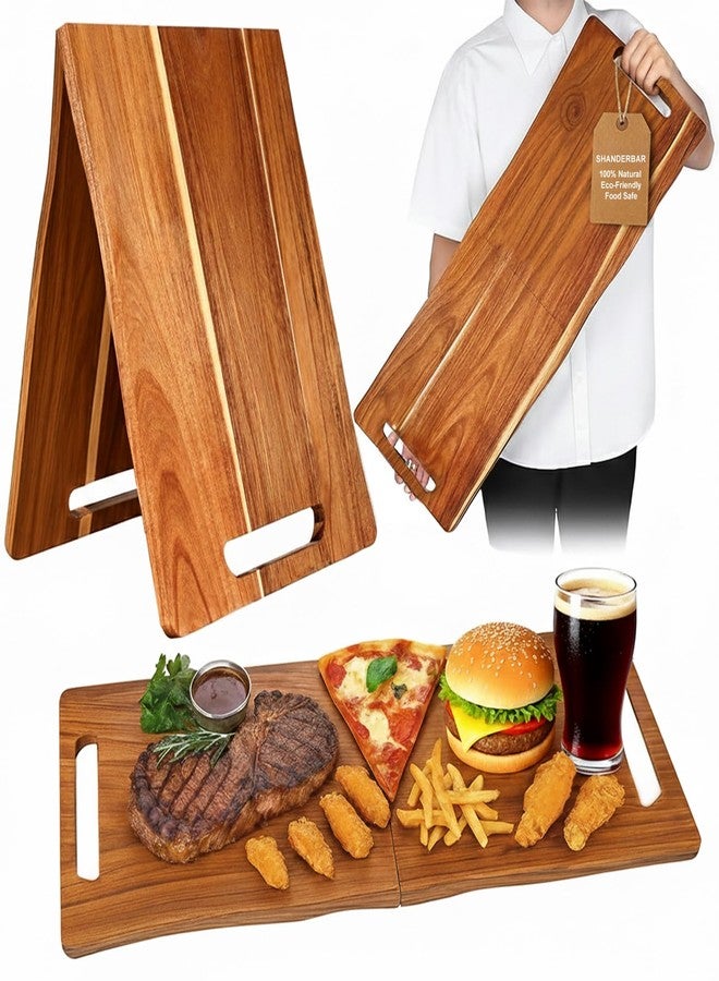 SHANDERBAR Large Acacia Wooden Charcuterie Board with Handles, 33 x 12 Inch Extra Large Rectangular Foldable Wood Serving Tray, Travel Portable Wooden Serving Platter for Cheese Food Meat Party Appetizers - Image 1
