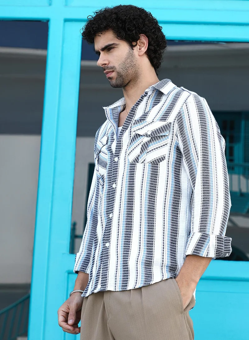 Campus Sutra Men's Sky Blue & Midnight Black Nomad-Striped Utility Shirt
