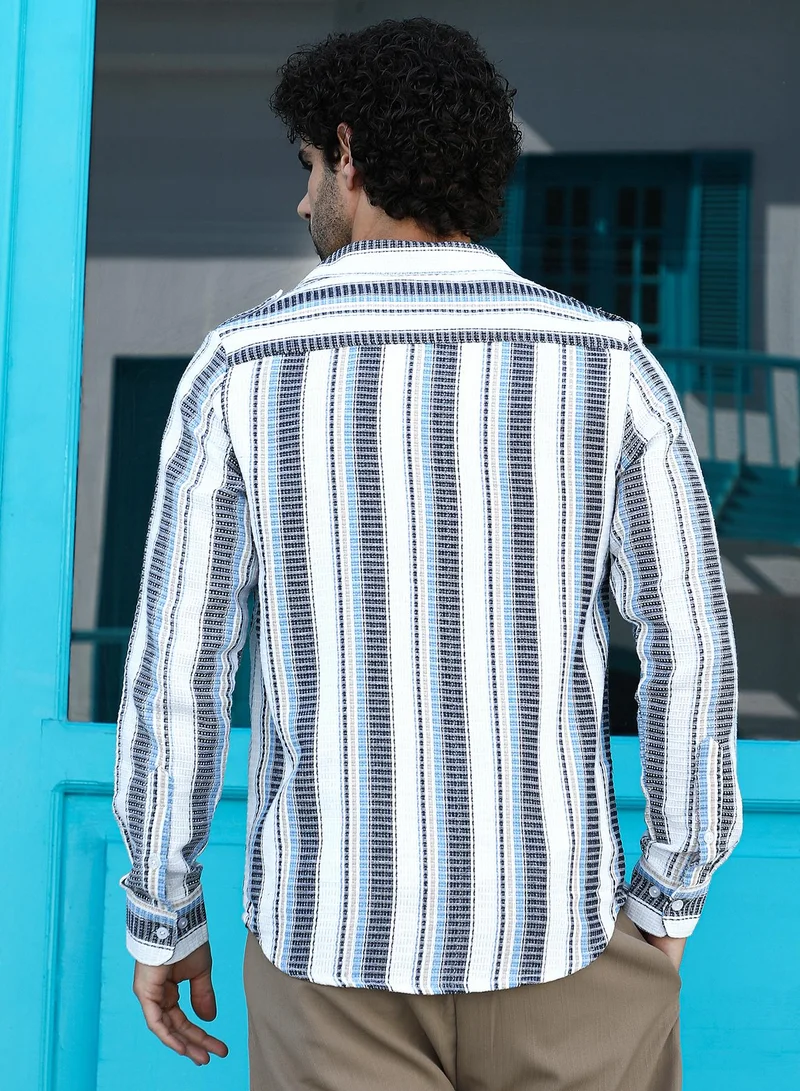 Campus Sutra Men's Sky Blue & Midnight Black Nomad-Striped Utility Shirt