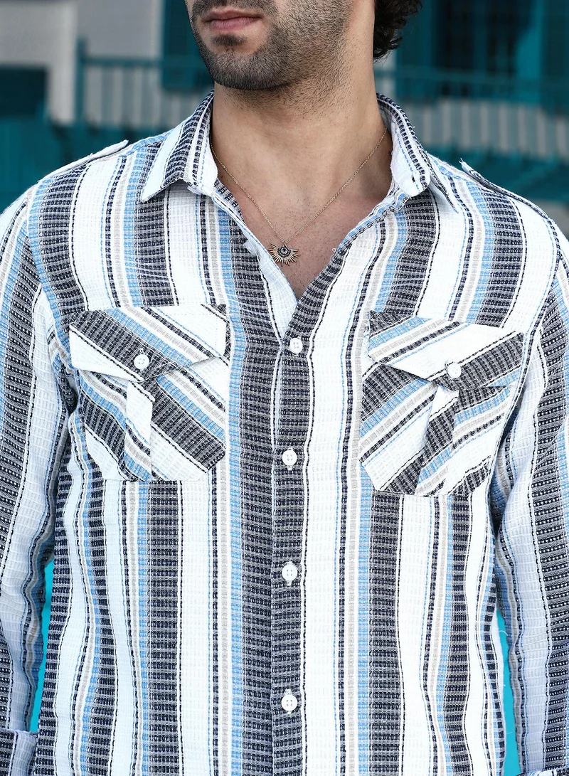 Campus Sutra Men's Sky Blue & Midnight Black Nomad-Striped Utility Shirt