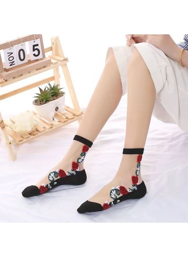 women's socks 2 Pair Of Spring And Summer Women'S Ultra-Thin Lace Embroidered Transparent Soft Elastic Breathable Socks - Image 3