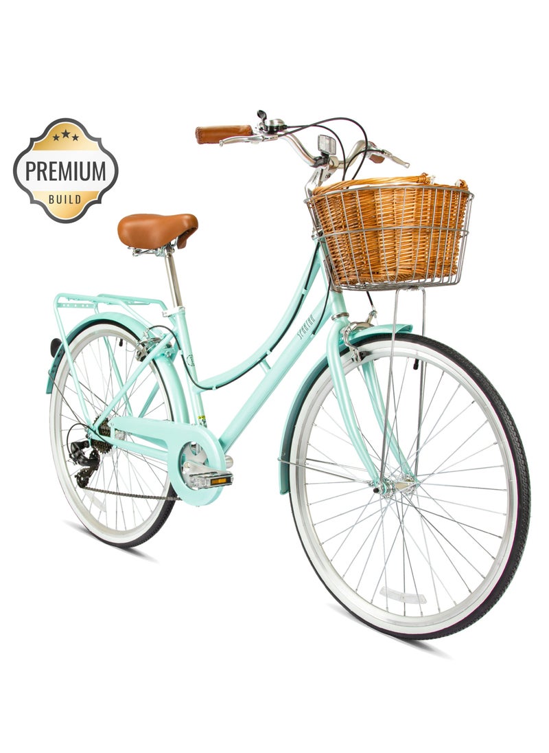 Spartan Platinum City Bike – 26 Inch – Bikes With Gears For Women – Cruiser Bicycle For Ladies – Includes Rear Rack, Vintage Basket And Stand, Comfort Saddle – Commuter Bicycles - Desert Sage  - Image 1
