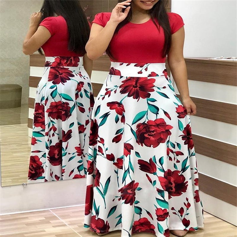 wish AliExpress hot sale popular European and American style flower print color matching dress long dress long sleeve womens clothing in stock Blue-short sleeve - Image 4