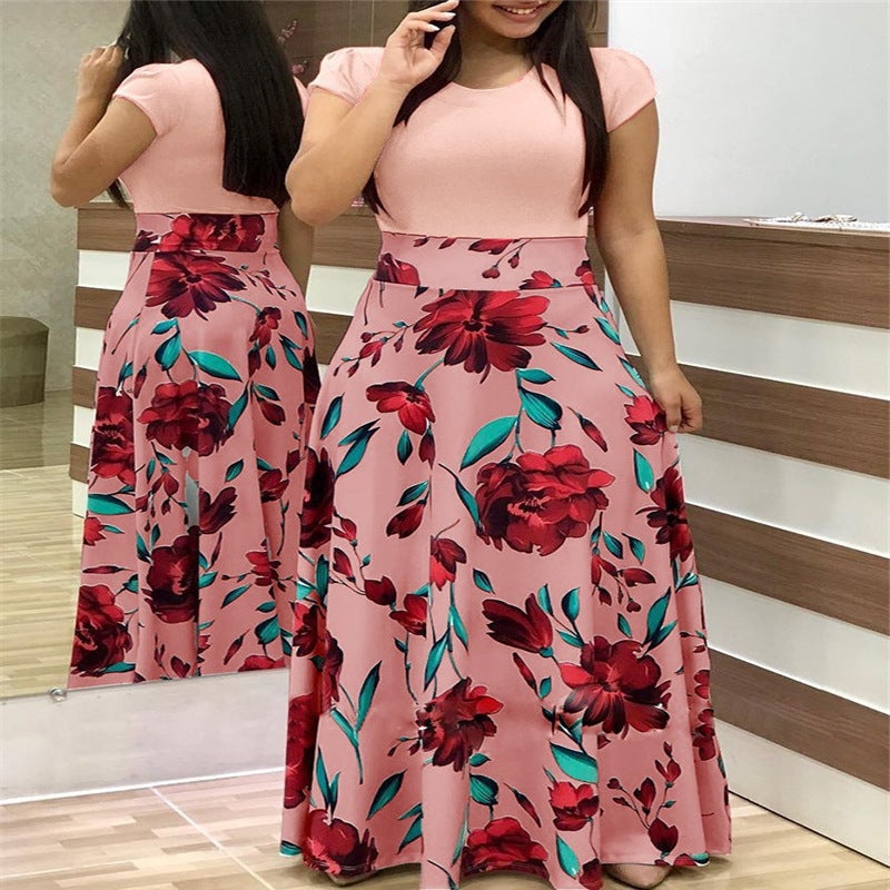 wish AliExpress hot sale popular European and American style flower print color matching dress long dress long sleeve womens clothing in stock Blue-short sleeve - Image 3