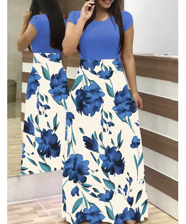 wish AliExpress hot sale popular European and American style flower print color matching dress long dress long sleeve womens clothing in stock Blue-short sleeve - Image 1