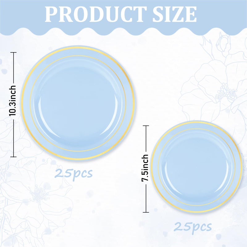 Whaline 50Pcs Blue Plastic Plate Disposable Baby Blue Gold Foil Bordered Disposable Plate Heavy Duty Decorative Dinner Dessert Plate for Easter Summer Birthday Parties & Baby Shower Gifts - Image 2