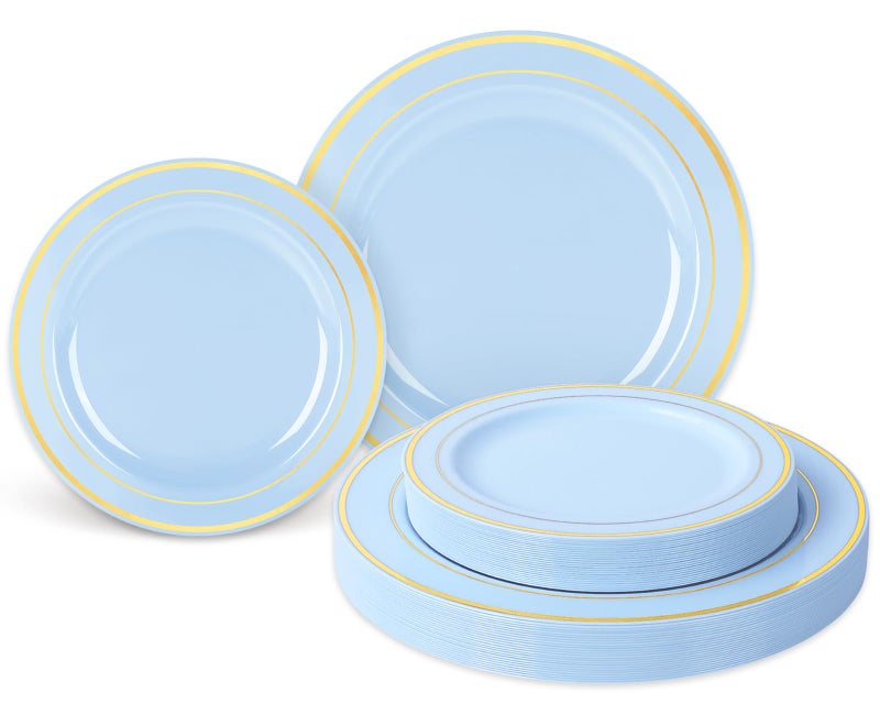Whaline 50Pcs Blue Plastic Plate Disposable Baby Blue Gold Foil Bordered Disposable Plate Heavy Duty Decorative Dinner Dessert Plate for Easter Summer Birthday Parties & Baby Shower Gifts - Image 1