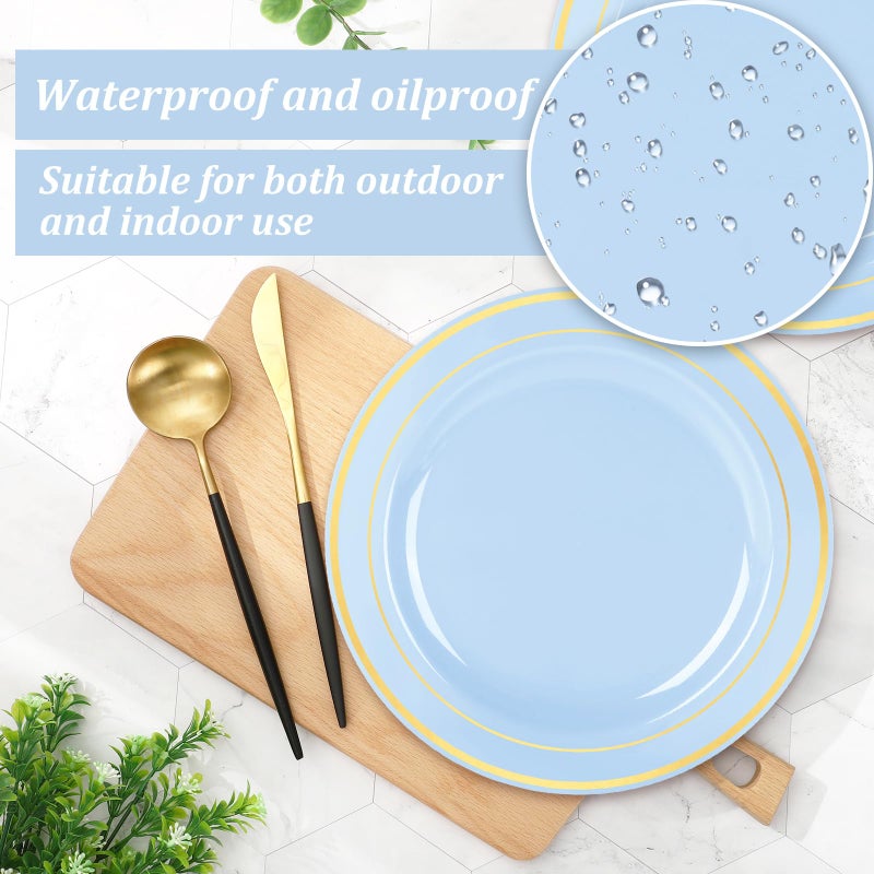 Whaline 50Pcs Blue Plastic Plate Disposable Baby Blue Gold Foil Bordered Disposable Plate Heavy Duty Decorative Dinner Dessert Plate for Easter Summer Birthday Parties & Baby Shower Gifts - Image 3