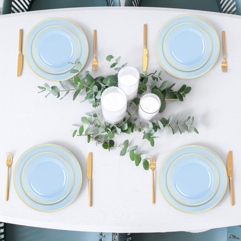 Whaline 50Pcs Blue Plastic Plate Disposable Baby Blue Gold Foil Bordered Disposable Plate Heavy Duty Decorative Dinner Dessert Plate for Easter Summer Birthday Parties & Baby Shower Gifts - Image 5