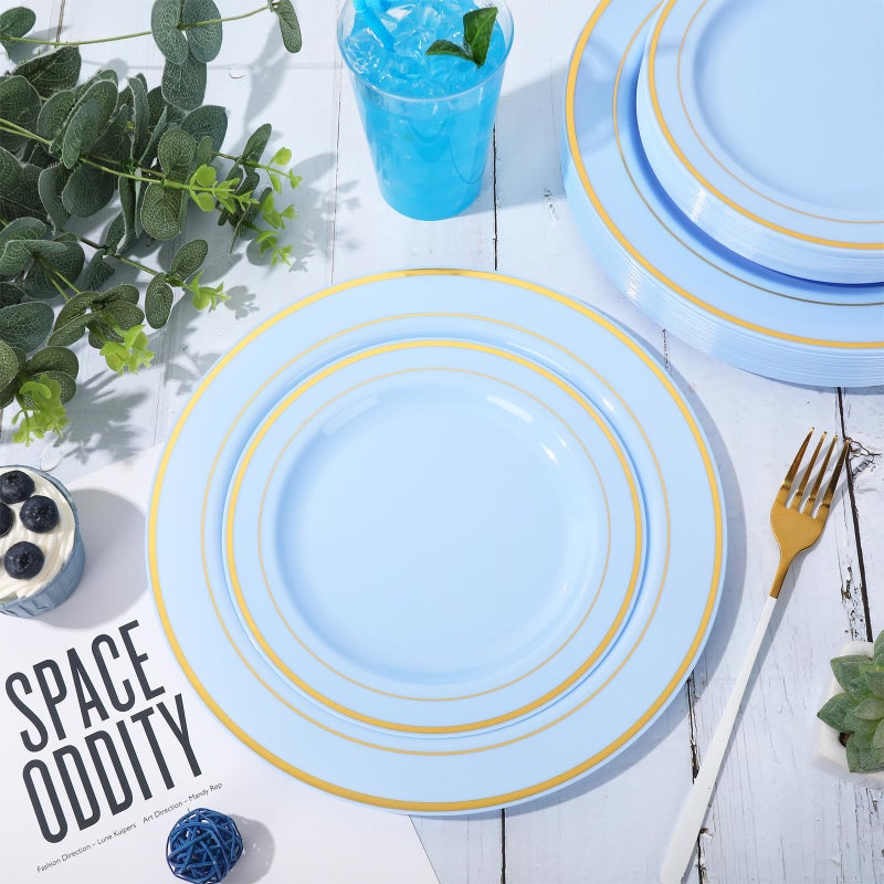 Whaline 50Pcs Blue Plastic Plate Disposable Baby Blue Gold Foil Bordered Disposable Plate Heavy Duty Decorative Dinner Dessert Plate for Easter Summer Birthday Parties & Baby Shower Gifts - Image 4