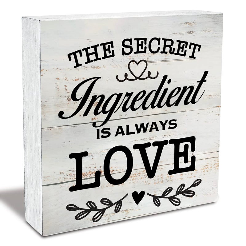 MAVOTEN Secret Ingredient Is Always Love Kitchen Quote Wood Box Sign Rustic Wooden Box Sign Farmhouse Home Kitchen Desk Shelf Decor (5 X 5 Inch) - Image 1