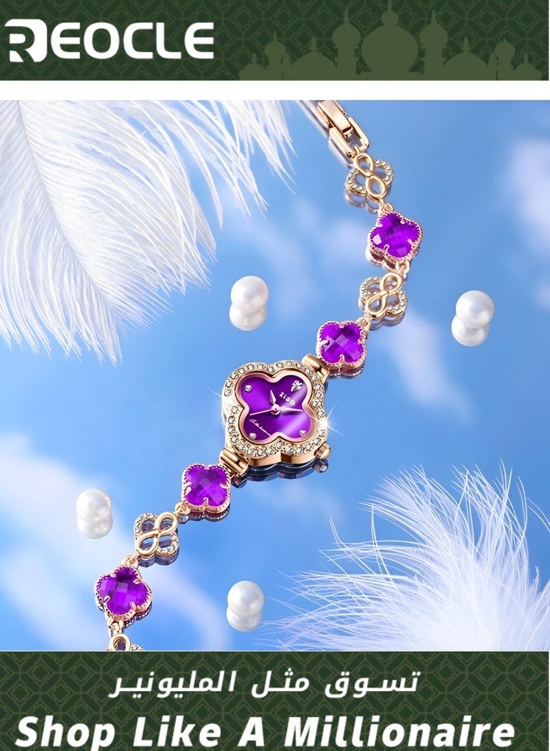 ريوكل ساعات يد نسائية بسوار من الكوارتز مع قرص من الألماس بأربع أوراق ومقاومة للماء، هدايا رائعة للصديقة - Image 1