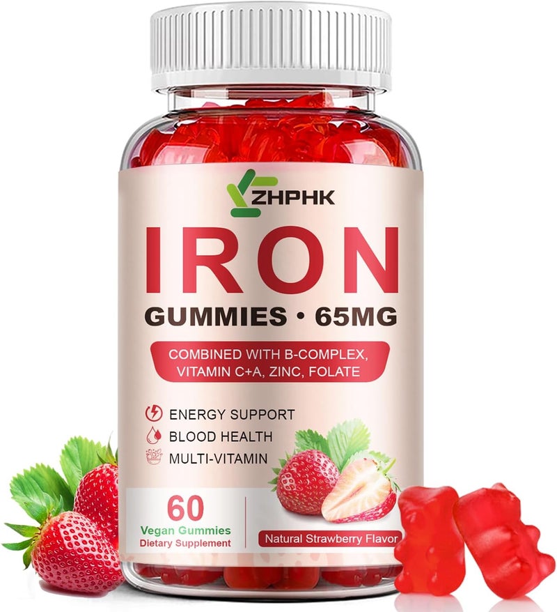 ZHPHK Iron Supplement Gummies 65mg Iron and 250mg Vitamin C for Women Men Kids Natural Vegan Iron Gummy with Vitamin A BComplex Biotin Zinc  Folate Energy Support  Immune Health 60 Gummies - Image 1