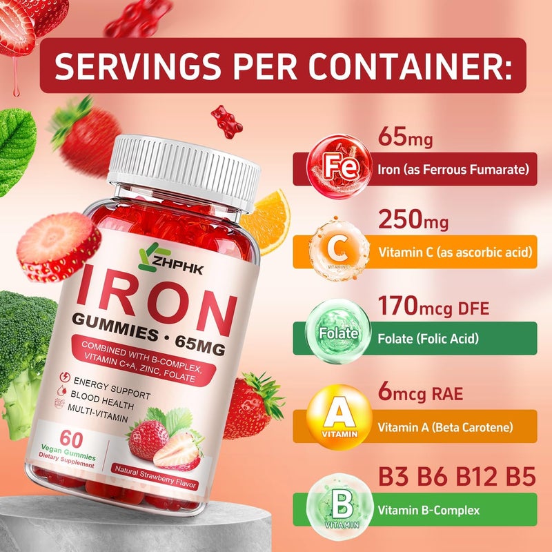ZHPHK Iron Supplement Gummies 65mg Iron and 250mg Vitamin C for Women Men Kids Natural Vegan Iron Gummy with Vitamin A BComplex Biotin Zinc  Folate Energy Support  Immune Health 60 Gummies - Image 3