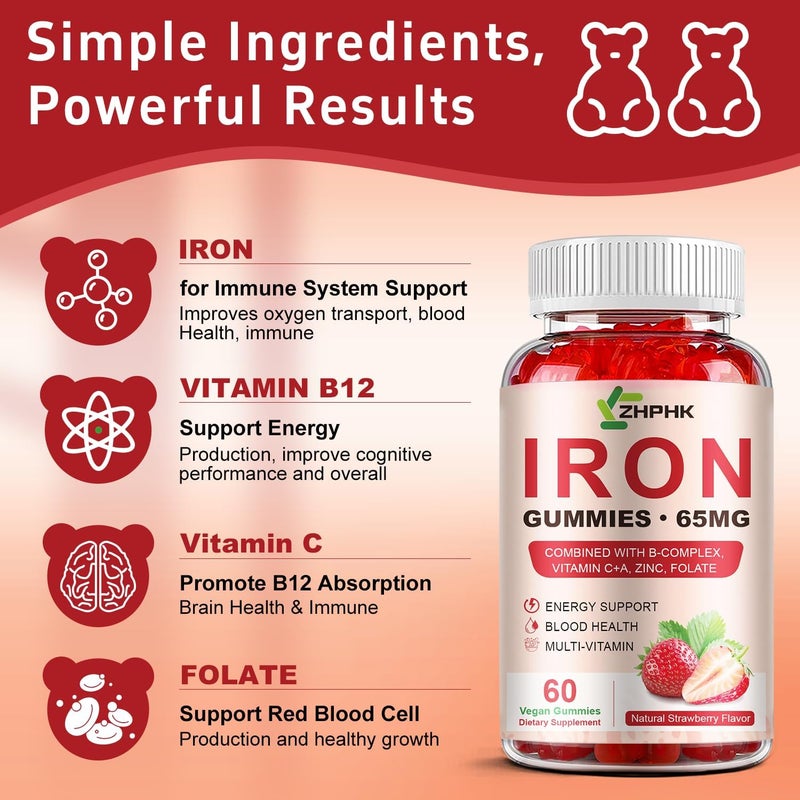 ZHPHK Iron Supplement Gummies 65mg Iron and 250mg Vitamin C for Women Men Kids Natural Vegan Iron Gummy with Vitamin A BComplex Biotin Zinc  Folate Energy Support  Immune Health 60 Gummies - Image 4