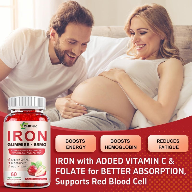 ZHPHK Iron Supplement Gummies 65mg Iron and 250mg Vitamin C for Women Men Kids Natural Vegan Iron Gummy with Vitamin A BComplex Biotin Zinc  Folate Energy Support  Immune Health 60 Gummies - Image 5
