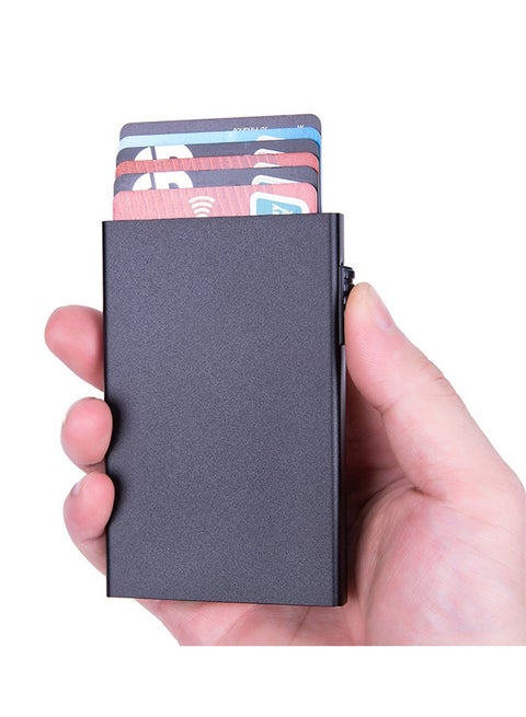 Credit Card Holder Blocking Minimalist Slim Metal Case for Men Women, Automatic Pop-up Card Side Push Card Sleeve PU Metal Aluminum Shell RFID Card Sleeve with Multi Capacity Storage (Black)