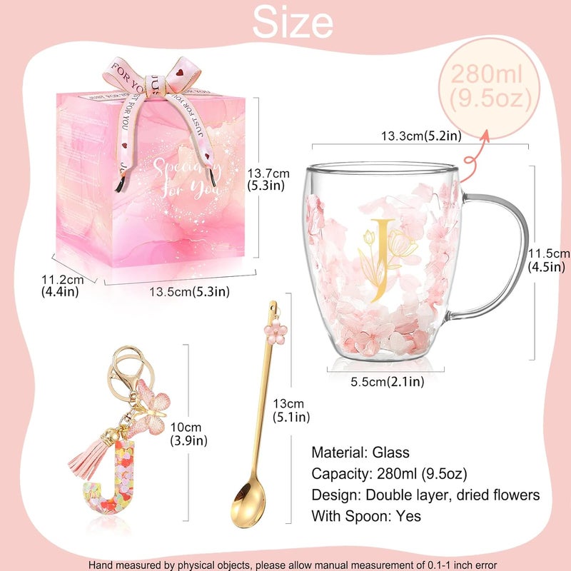BigNoseDeer Gifts for Women Glass Coffee Mugs Unique Birthday Gift for Women Her Ladies Espresso Tea Cups Personalised Friendship Wedding Gifts Cute Double Walled Glass Mugs Pink Stuff Graduation Gift (Letter J) - Image 4
