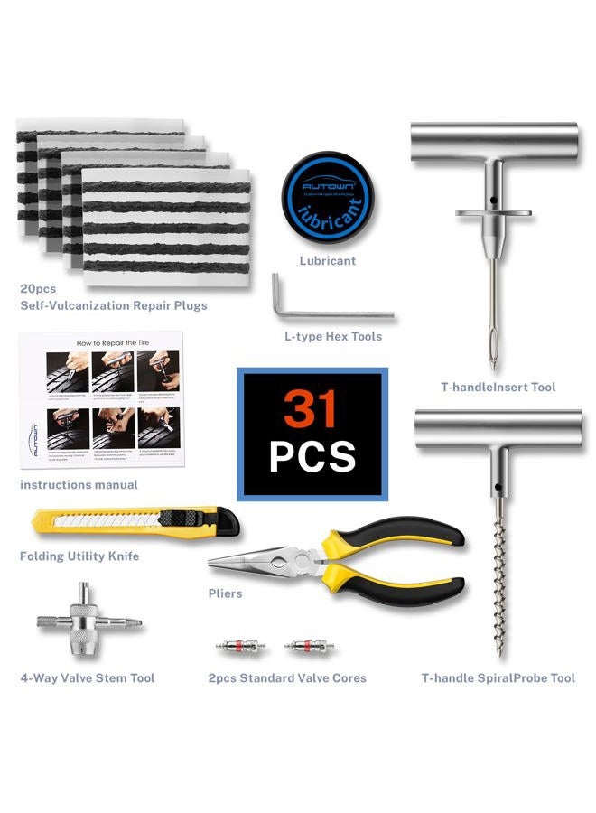 AUTOWN Flat Tire Repair Kit with Plugs 31 Pcs for Car, Motorcycle, ATV, Jeep, Truck, Tractor Flat Tire Puncture Repair - Image 2