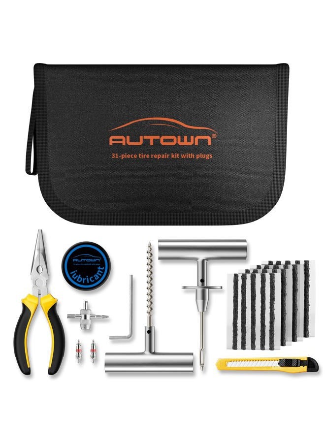 AUTOWN Flat Tire Repair Kit with Plugs 31 Pcs for Car, Motorcycle, ATV, Jeep, Truck, Tractor Flat Tire Puncture Repair - Image 1