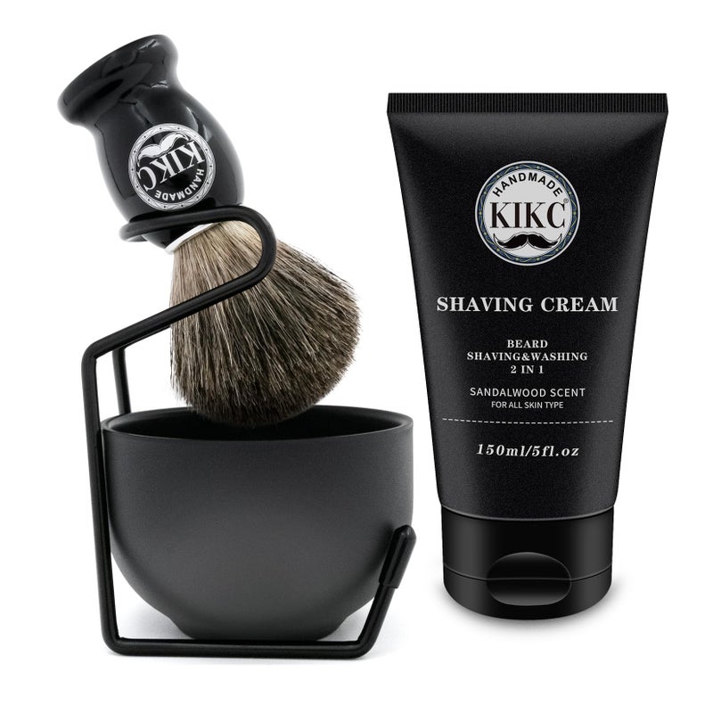 KIKC 5 in 1 Shaving Kit for Wet Shave Set Includes Hand Crafted Pure Badger Shave Brush Stainless Steel Lathering Soap Bowl Shave Brush Stand Shaving Cream Best Gift for Bearded Man Deluxe Black